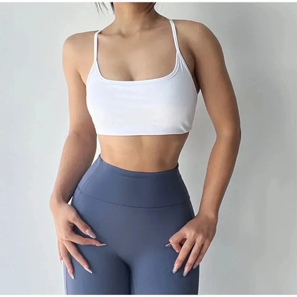 Women Strappy Backless Sports White Bra Fitness Criss Cross  Back Yoga Bra - Picture 7 of 8